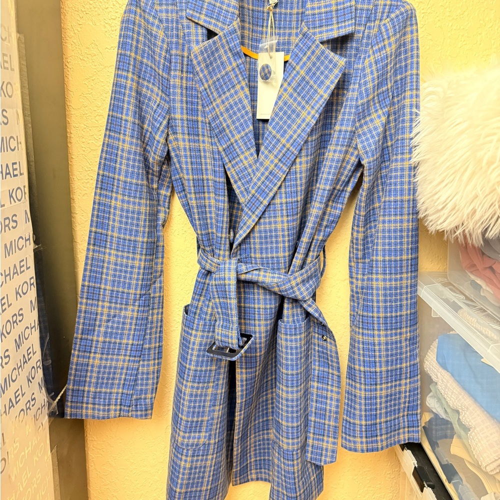 NWT Moon River Plaid Notch Lapel Belted Trench Coat